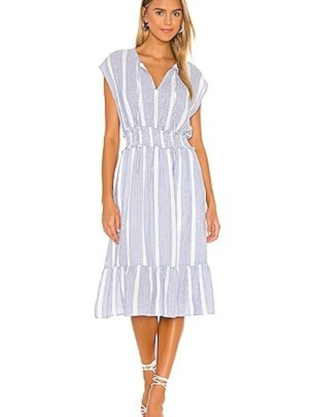 Rails Blue & White Striped Smocked-Waist Midi Dress